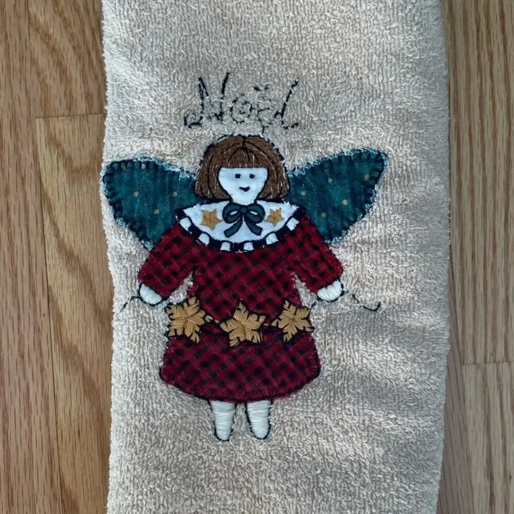 Vintage NOEL Angel Embroidered Hand Towel USA Made Beige
